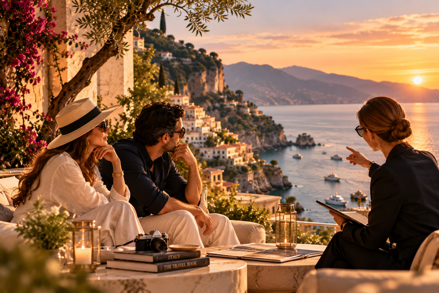 Travelers looking out over a cliffside coast at sunset while their advisor plans the day