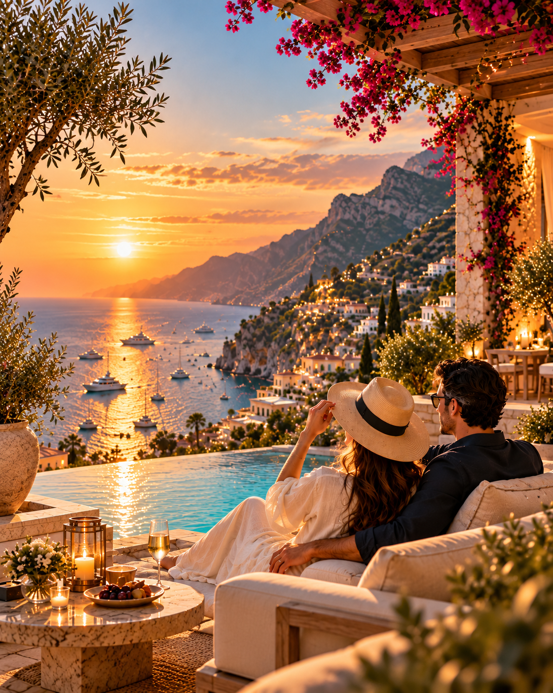 A couple relaxing on a terrace above an infinity pool and a harbor at sunset