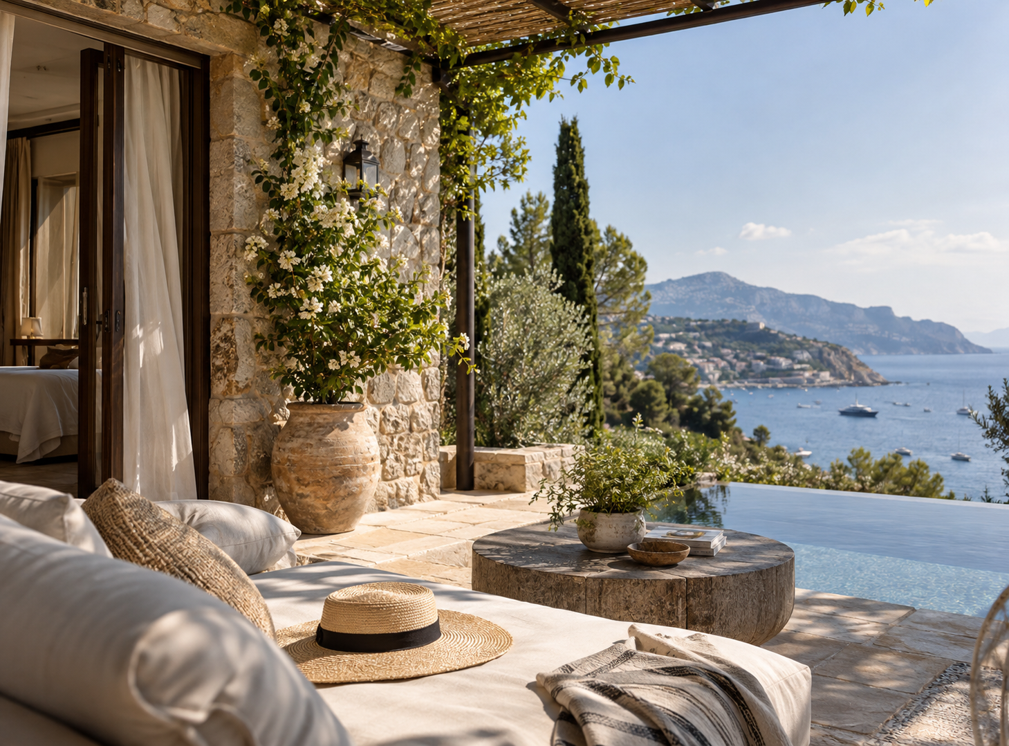 A luxury hotel terrace with an infinity pool overlooking the sea at sunset